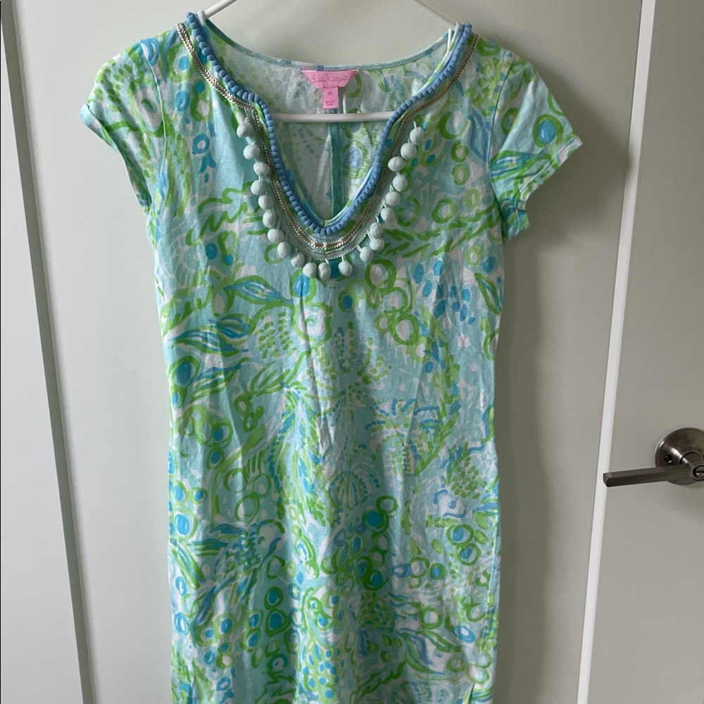 Lilly Pulitzer Beaded V-Neck Shift Dress in Aqua & Lime